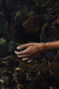 A person's hand and wrist wearing a thin gold snake-like bangle, set against a dark, underwater rocky background with shallow water ripples. It's a handcrafted thumb-hand-bracelet.
